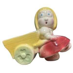 MCM 5" Planter Dutch Girl Pulling Cart Small Ceramic 40s-50s Clover Wheels VTG
